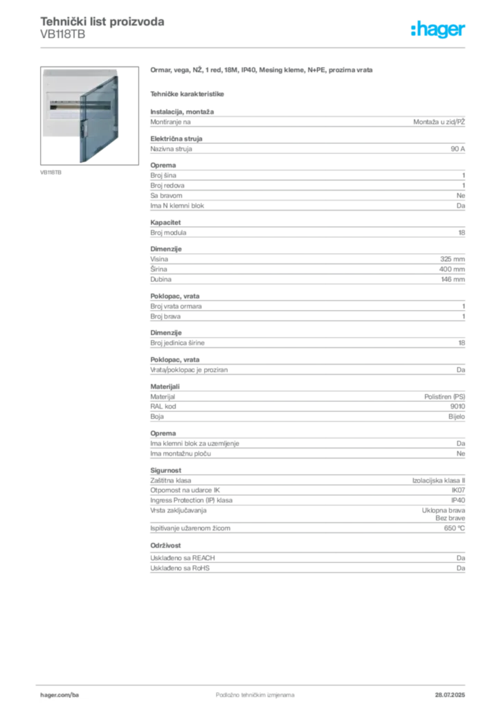 Slika Hager Product data sheet VB118TB  | Hager