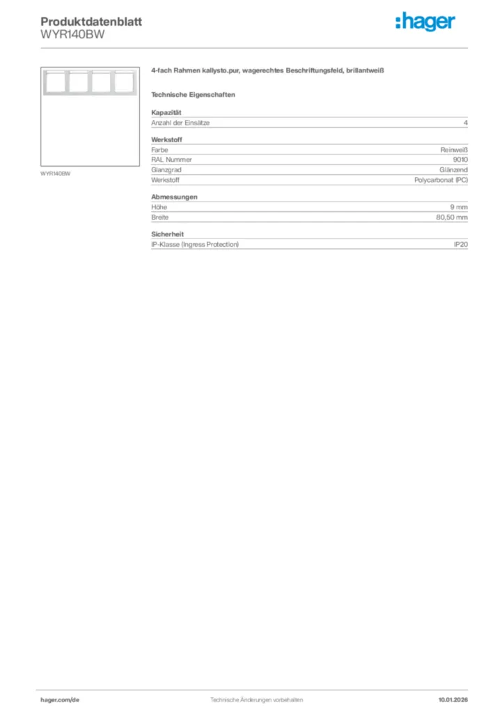Bild Hager Produktdatenblatt WYR140BW | Hager Deutschland