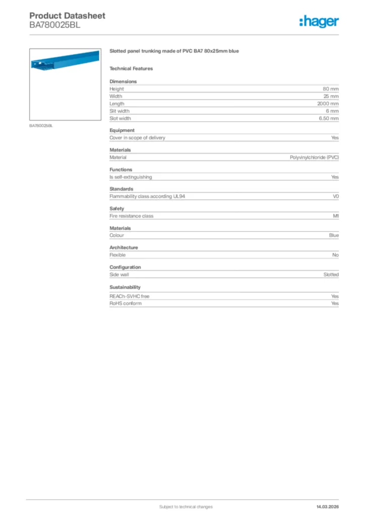 Image Hager Product data sheet BA780025BL  | Hager Africa