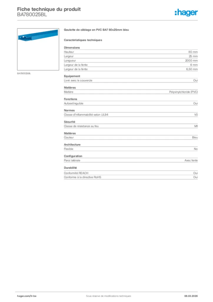 Image Hager Fiche technique du produit BA780025BL | Hager Belgique