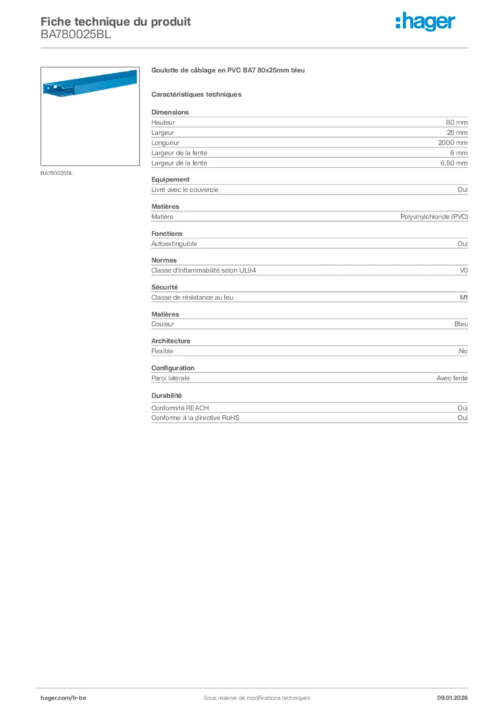 Image Hager Fiche technique du produit BA780025BL | Hager Belgique