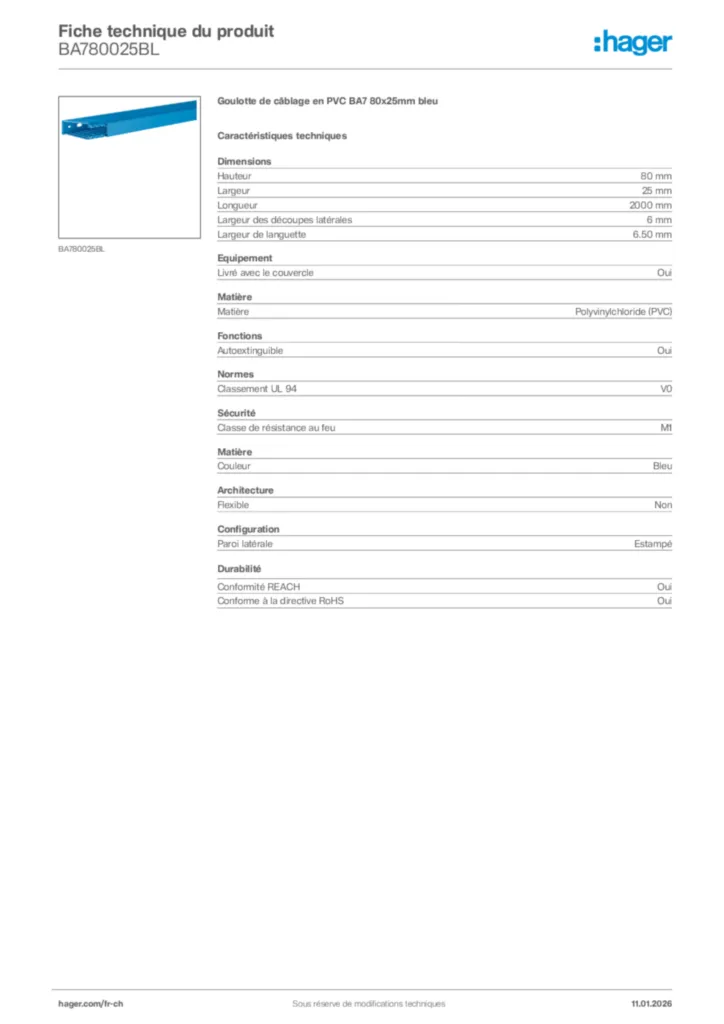 Image Hager Fiche technique du produit BA780025BL | Hager Suisse