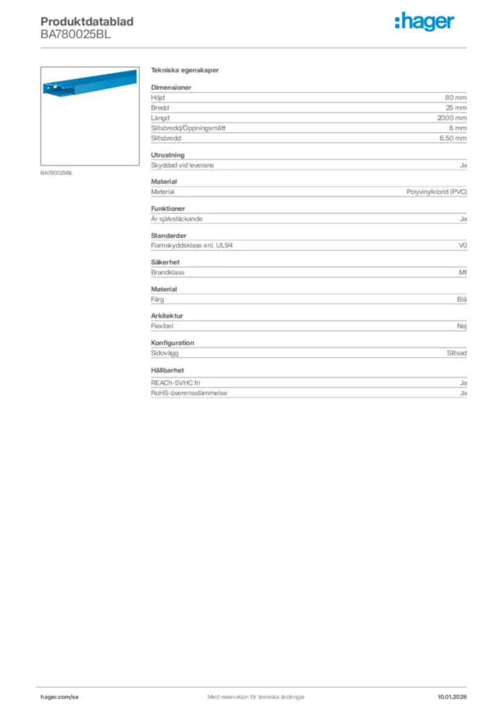 Bild Hager Produktdatablad BA780025BL | Hager Sverige