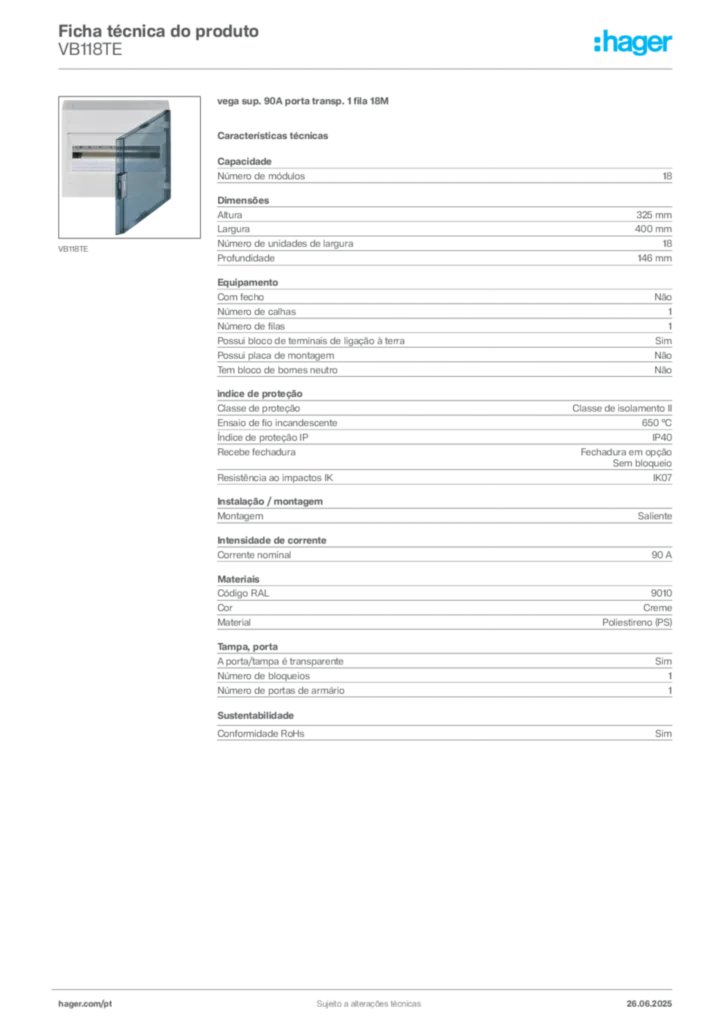 Imagem Hager Ficha técnica do produto VB118TE | Hager Portugal