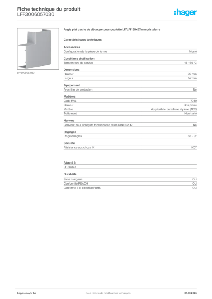 Image Hager Fiche technique du produit LFF3006057030 | Hager Belgique