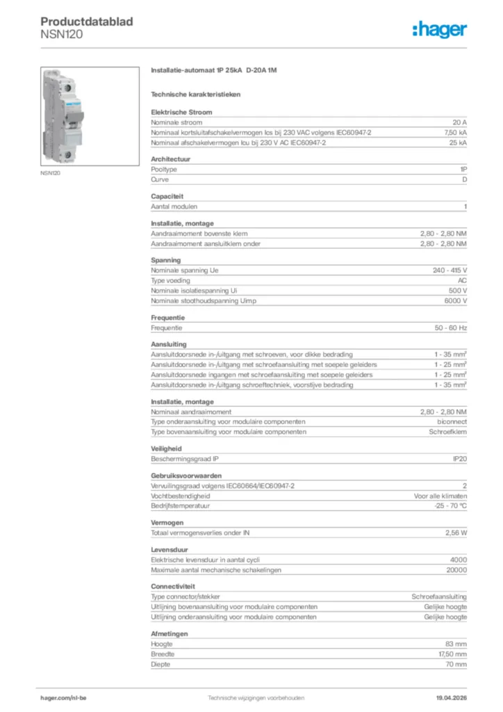 Afbeelding Hager Productdatablad NSN120 | Hager Belgium