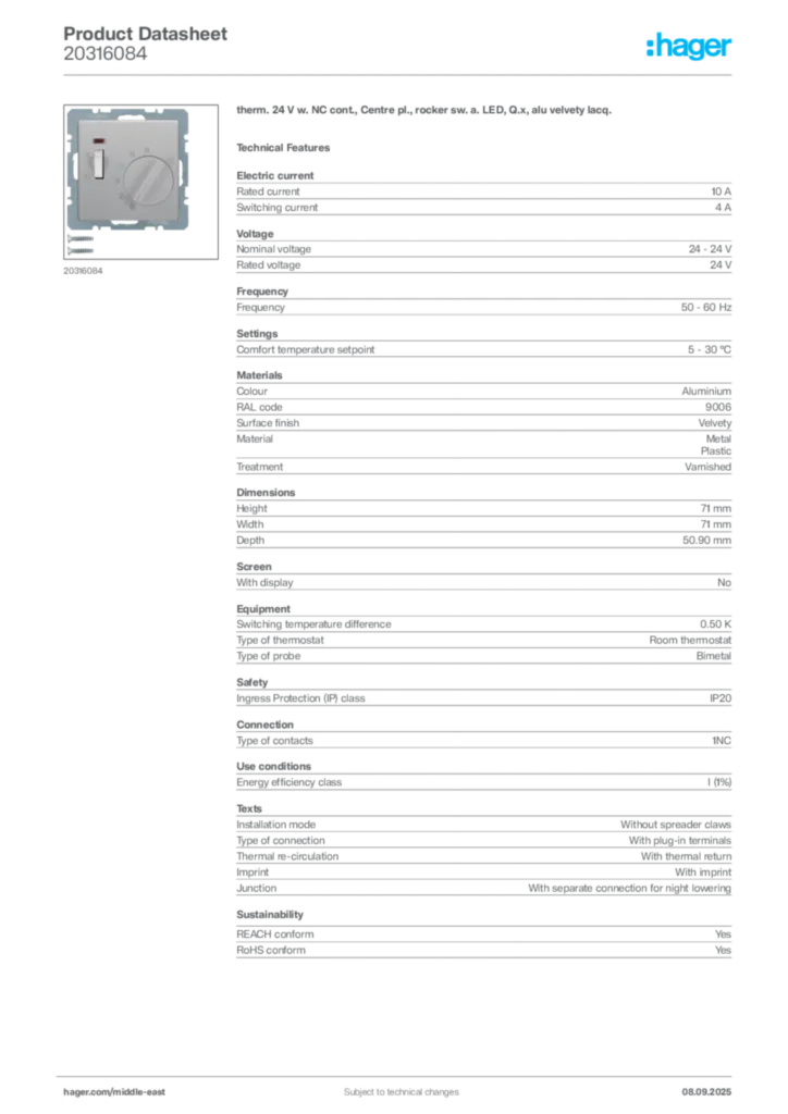 Image Hager Product data sheet 20316084  | Hager
