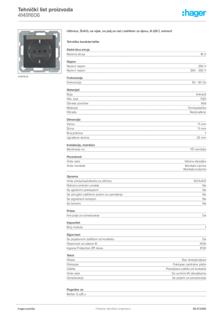 Slika Hager Product data sheet 41491606  | Hager