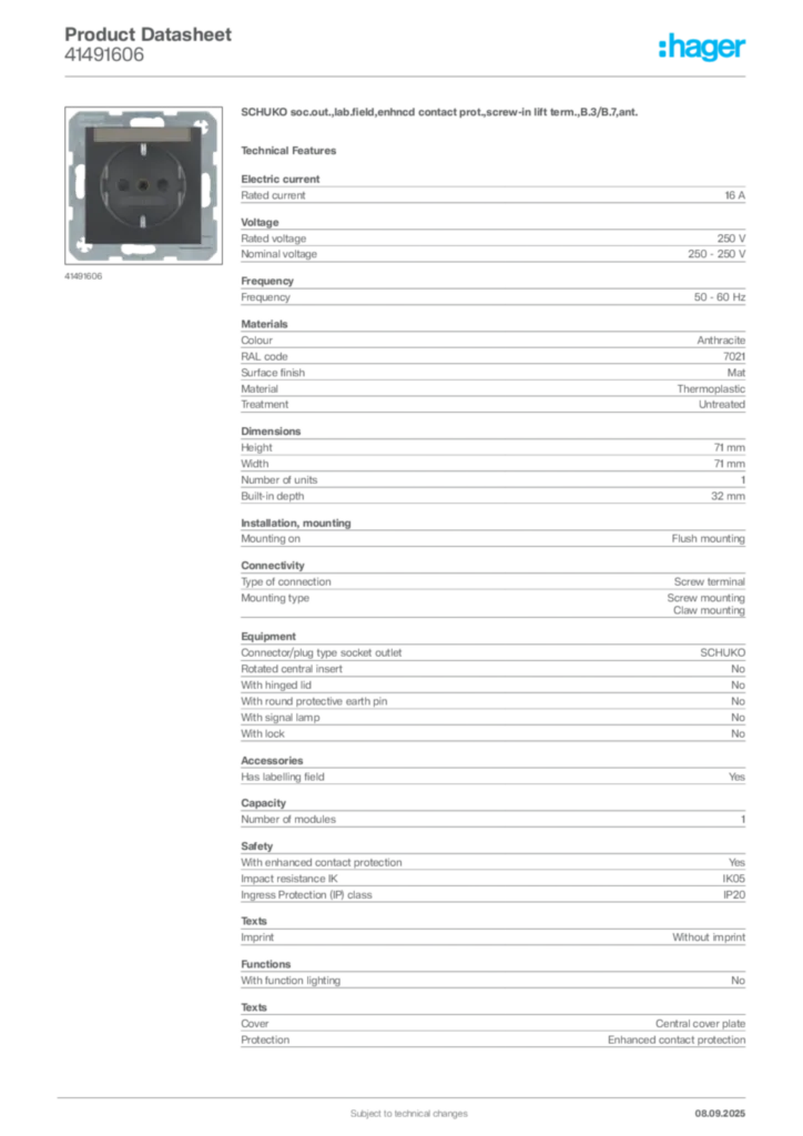 Image Hager Product data sheet 41491606  | Hager