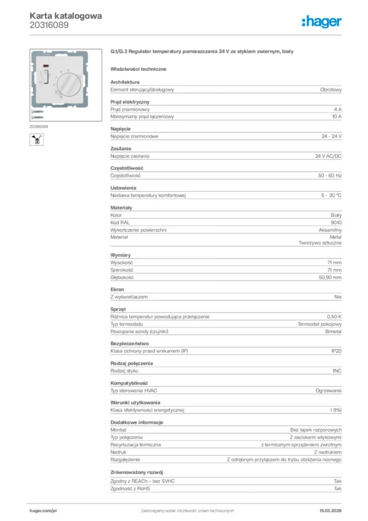 Zdjęcie Hager Karta katalogowa 20316089 | Hager Polska