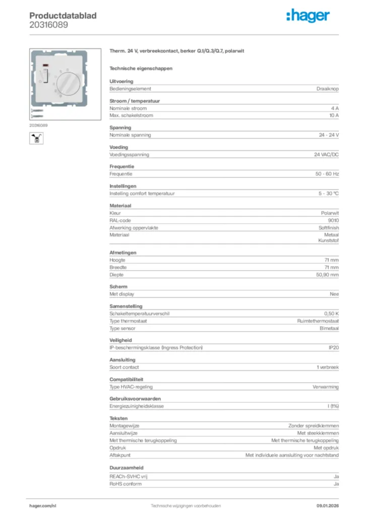 Afbeelding Hager Productdatablad 20316089 | Hager Nederland
