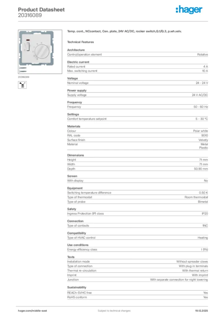 Image Hager Product data sheet 20316089  | Hager