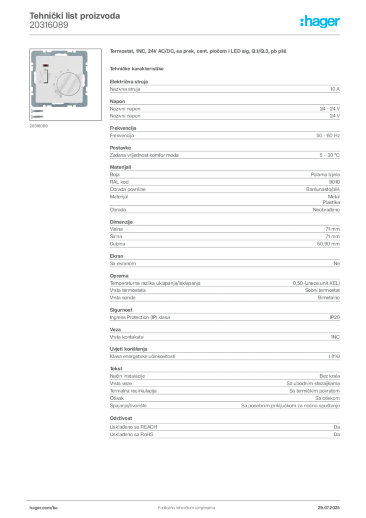 Slika Hager Product data sheet 20316089  | Hager