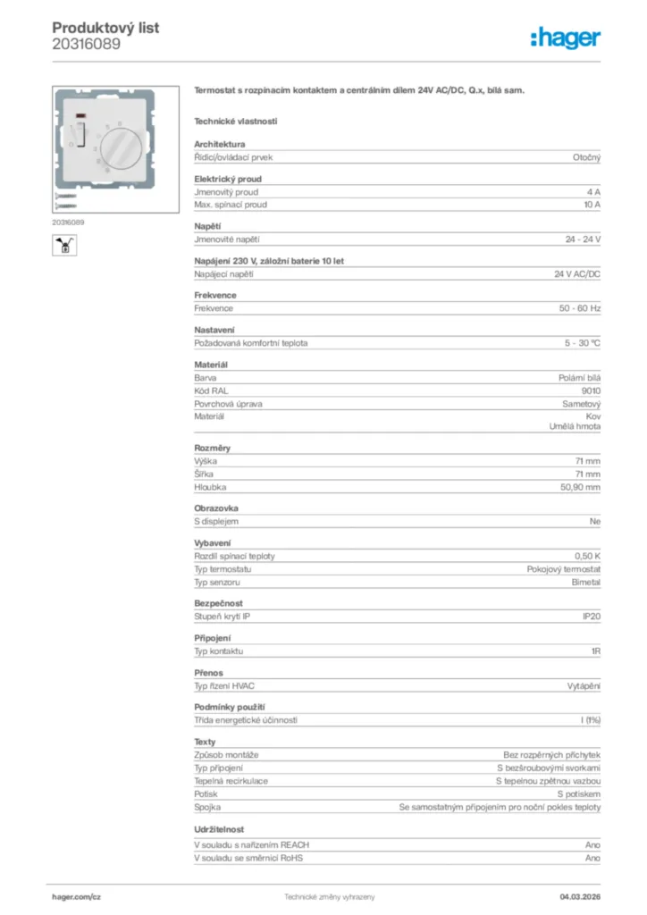 Obrázek Hager Product data sheet 20316089 | Hager
