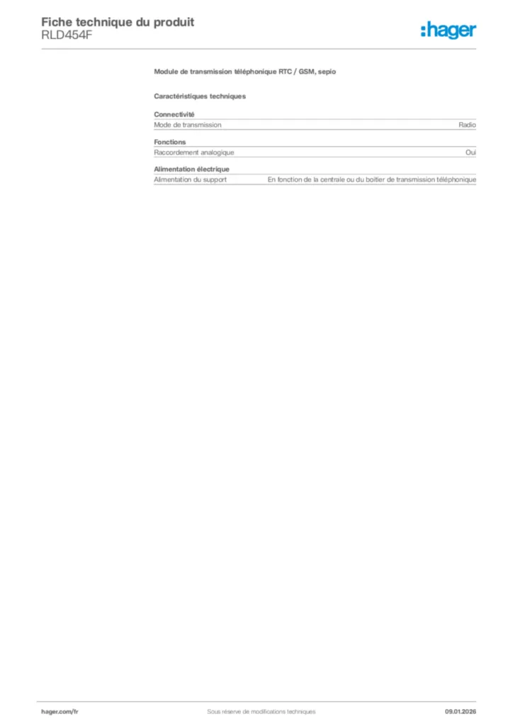 Image Hager Fiche technique du produit RLD454F | Hager France