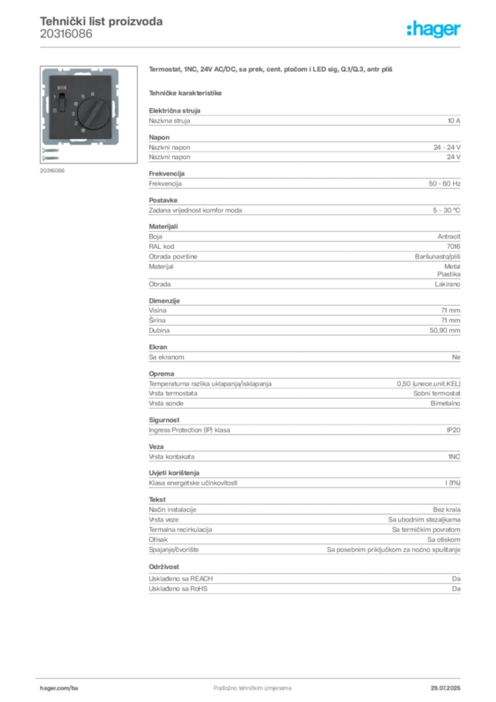 Slika Hager Product data sheet 20316086  | Hager