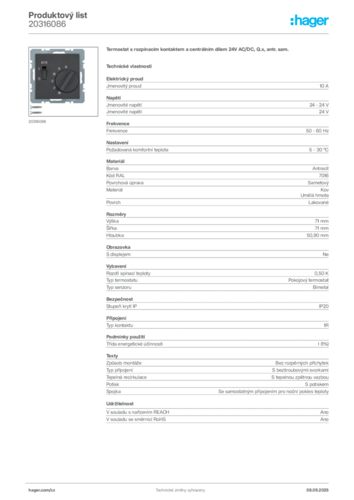 Obrázek Hager Produktový list 20316086 | Hager