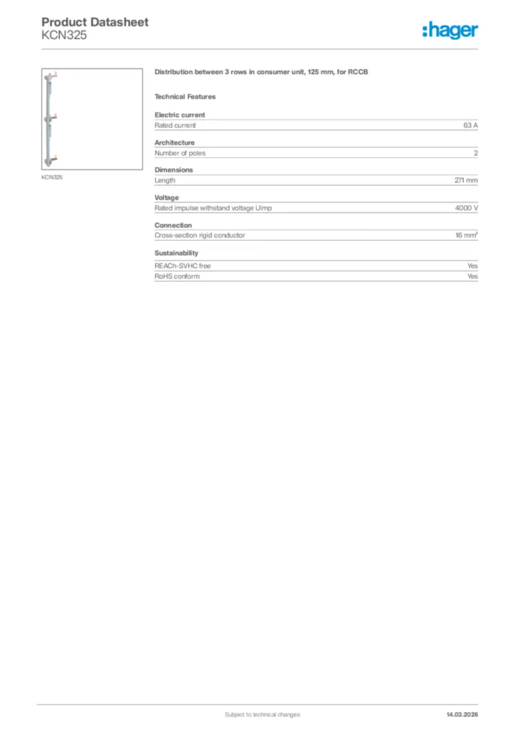 Image Hager Product data sheet KCN325  | Hager Africa