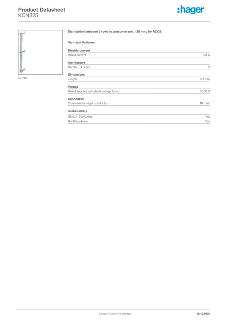 Image Hager Product data sheet KCN325  | Hager Africa