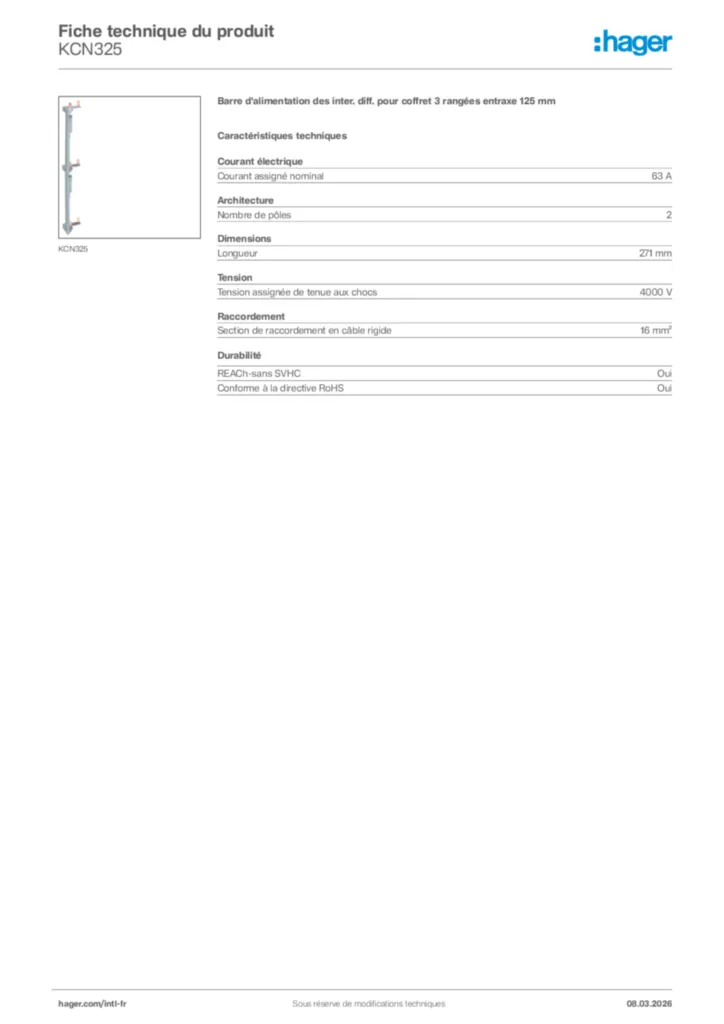 Image Hager Fiche technique du produit KCN325 | Hager Afrique