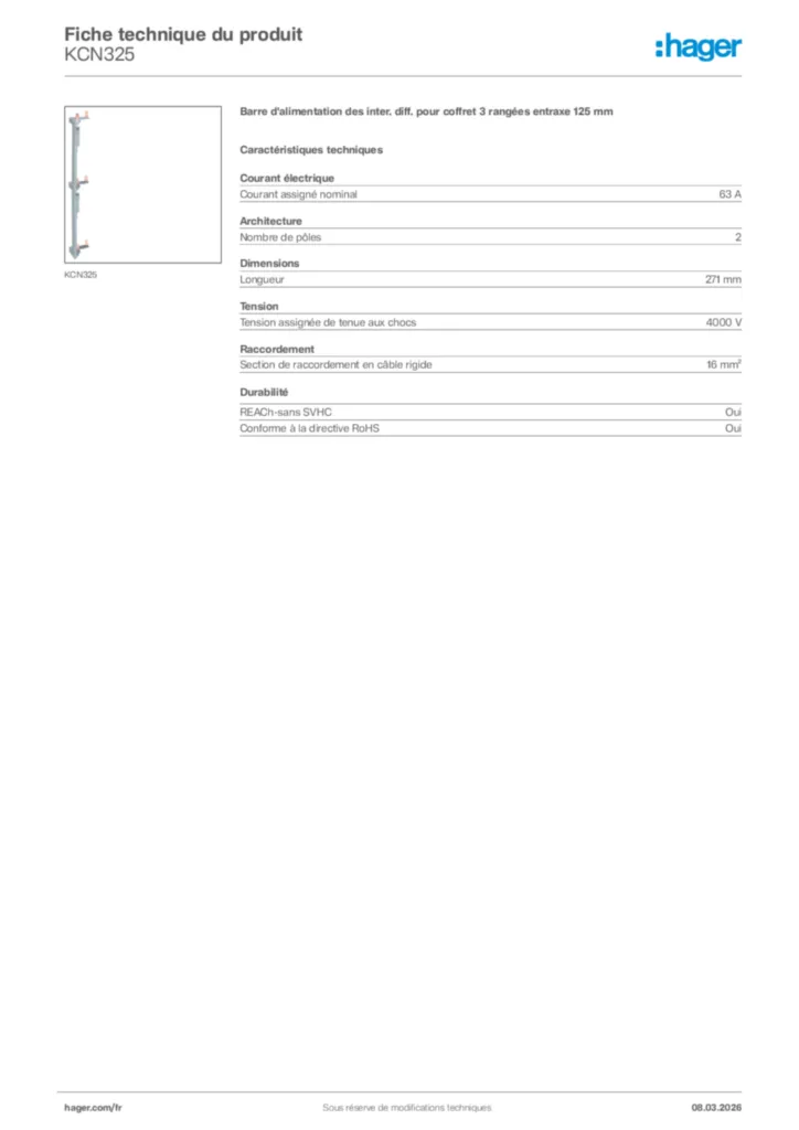Image Hager Fiche technique du produit KCN325 | Hager France