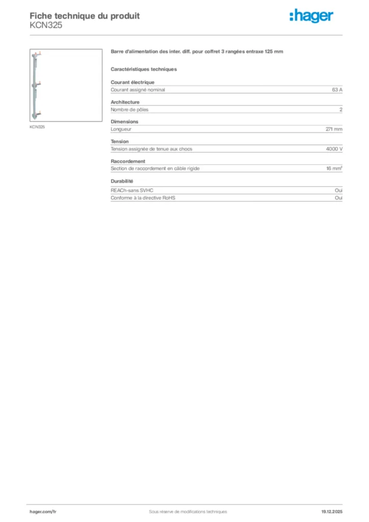 Image Hager Fiche technique du produit KCN325 | Hager France