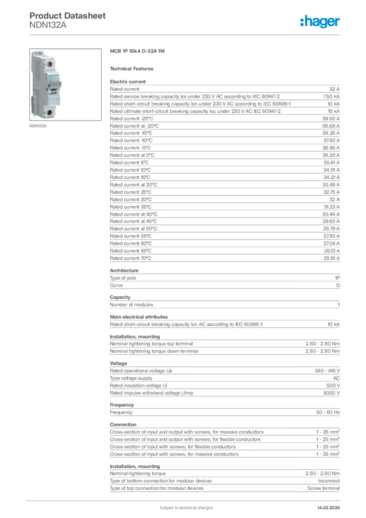 Image Hager Product data sheet NDN132A  | Hager Africa