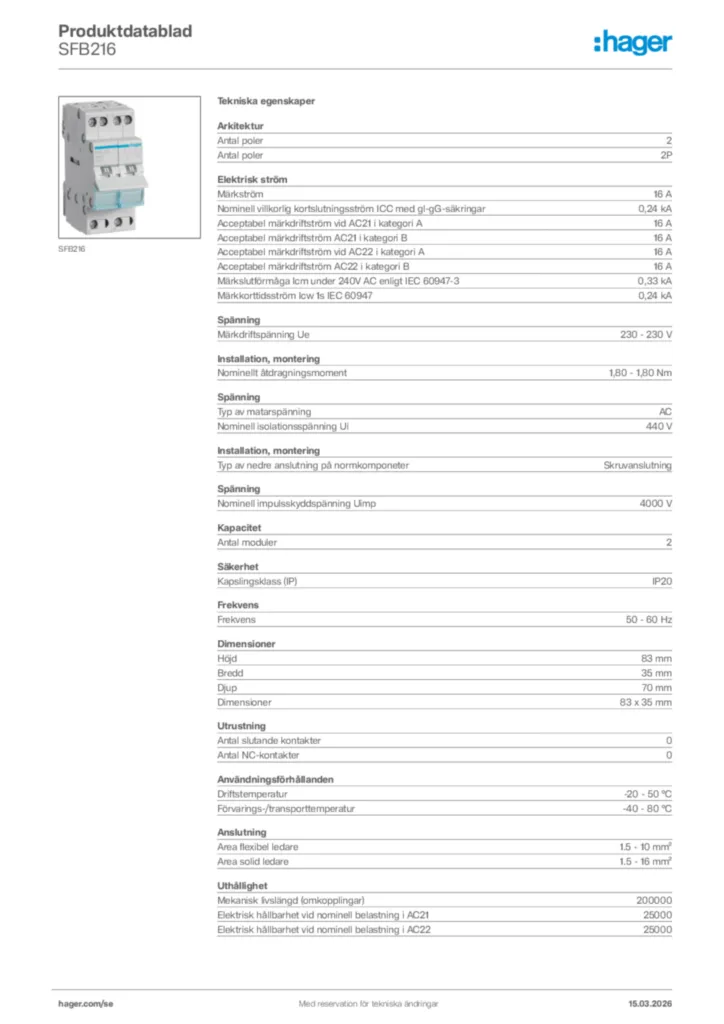 Bild Hager Produktdatablad SFB216 | Hager Sverige