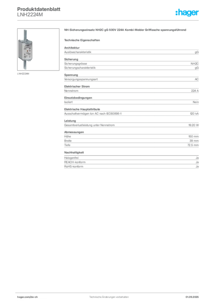 Bild Hager Produktdatenblatt LNH2224M | Hager Schweiz