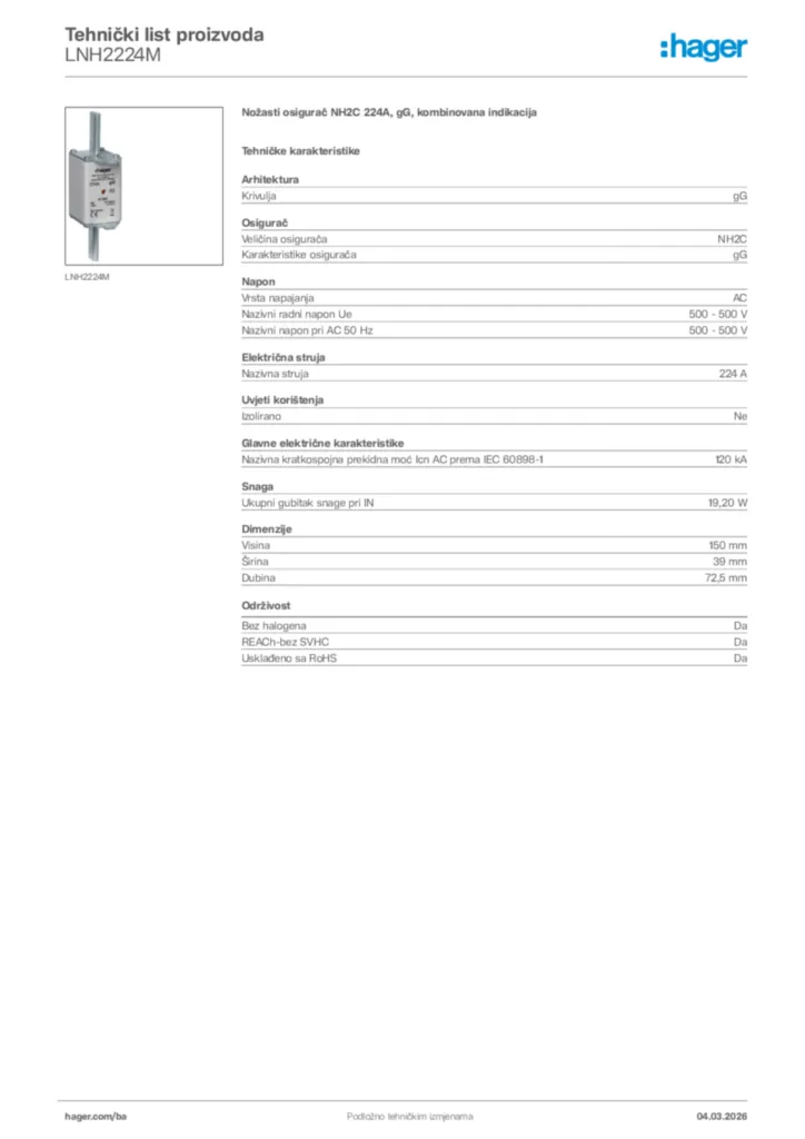Slika Hager Tehnički list proizvoda LNH2224M  | Hager