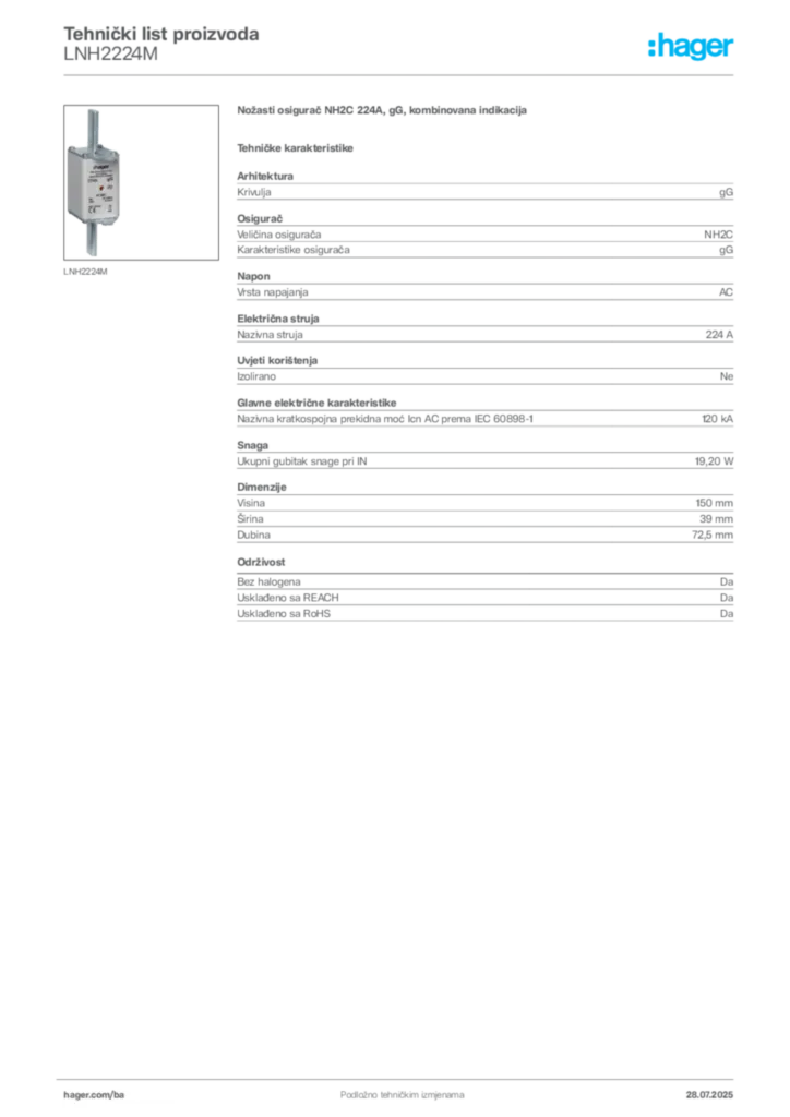 Slika Hager Product data sheet LNH2224M  | Hager