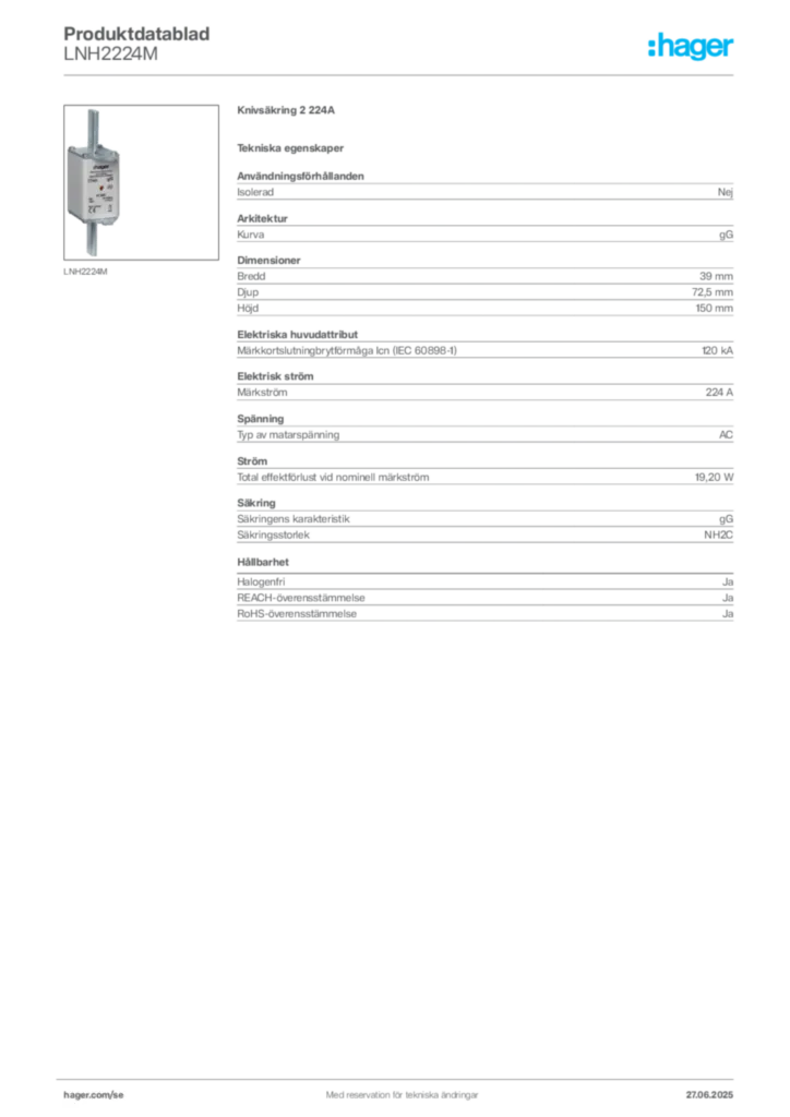 Bild Hager Produktdatablad LNH2224M | Hager Sverige