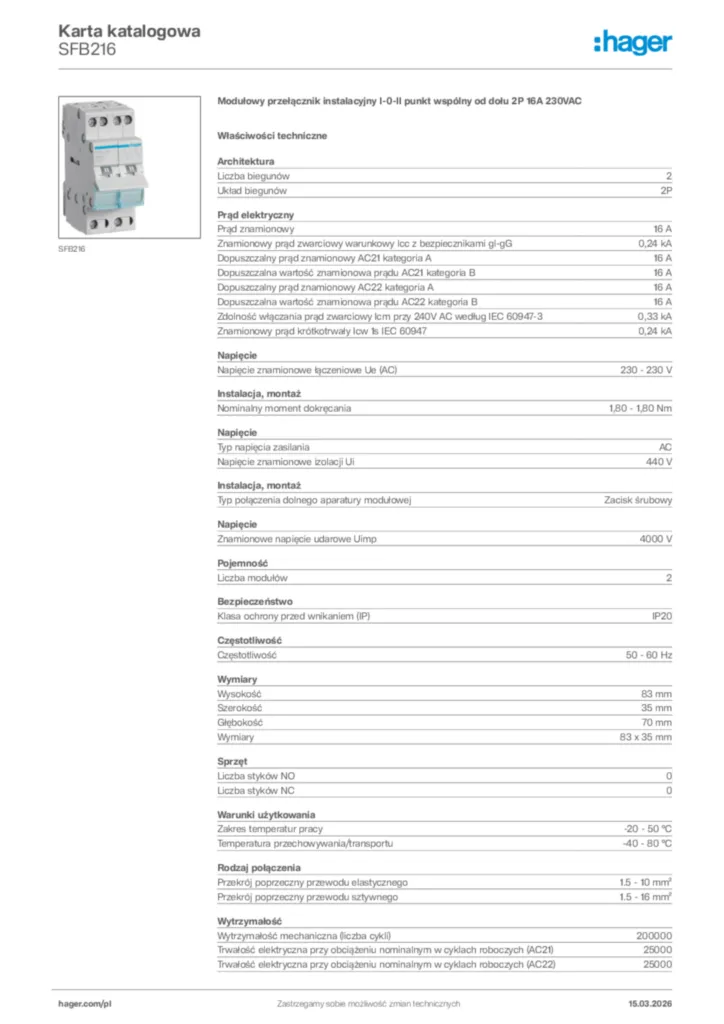 Zdjęcie Hager Karta katalogowa SFB216 | Hager Polska