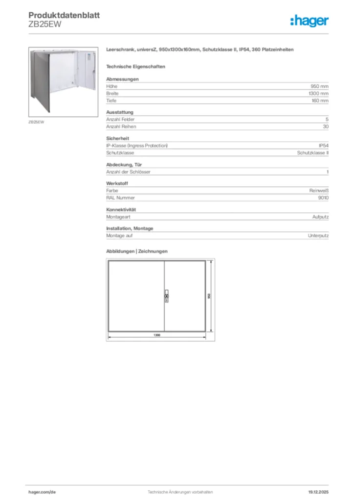 Bild Hager Produktdatenblatt ZB25EW | Hager Deutschland