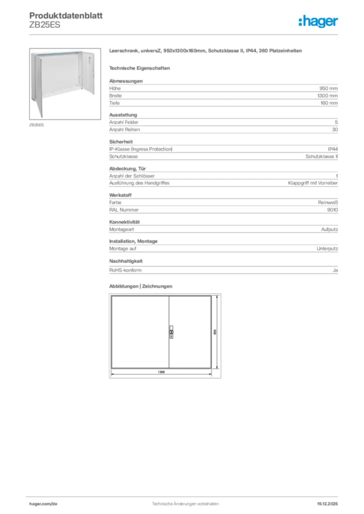 Bild Hager Produktdatenblatt ZB25ES | Hager Deutschland
