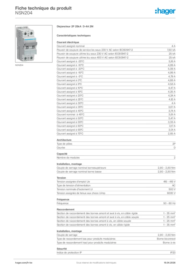 Image Hager Fiche technique du produit NSN204 | Hager Belgique