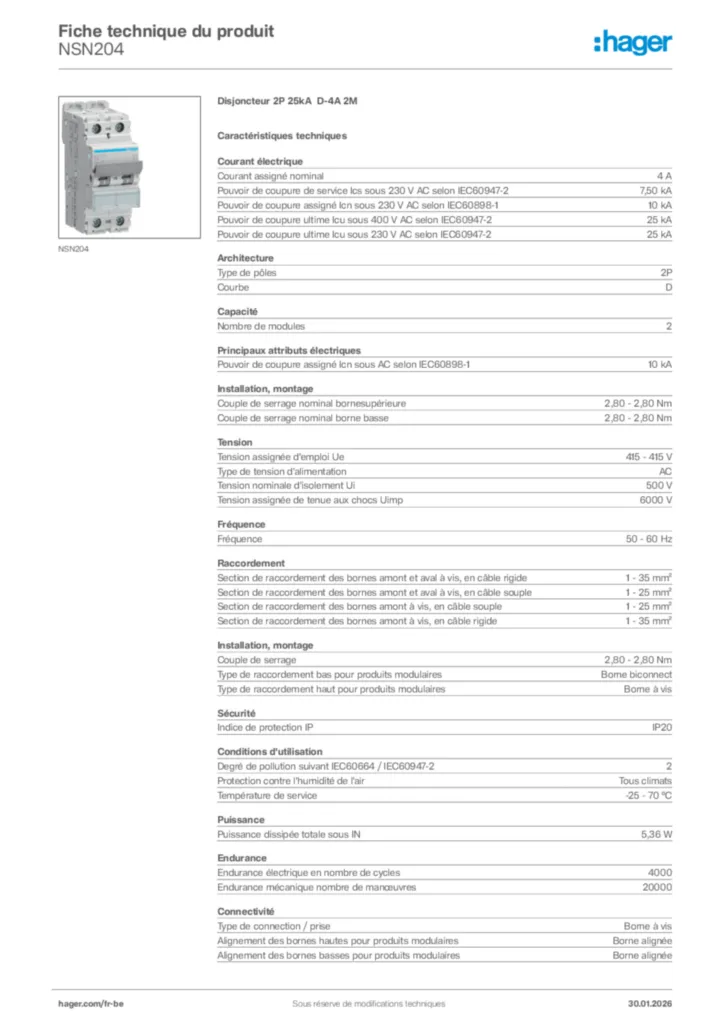 Image Hager Fiche technique du produit NSN204 | Hager Belgique