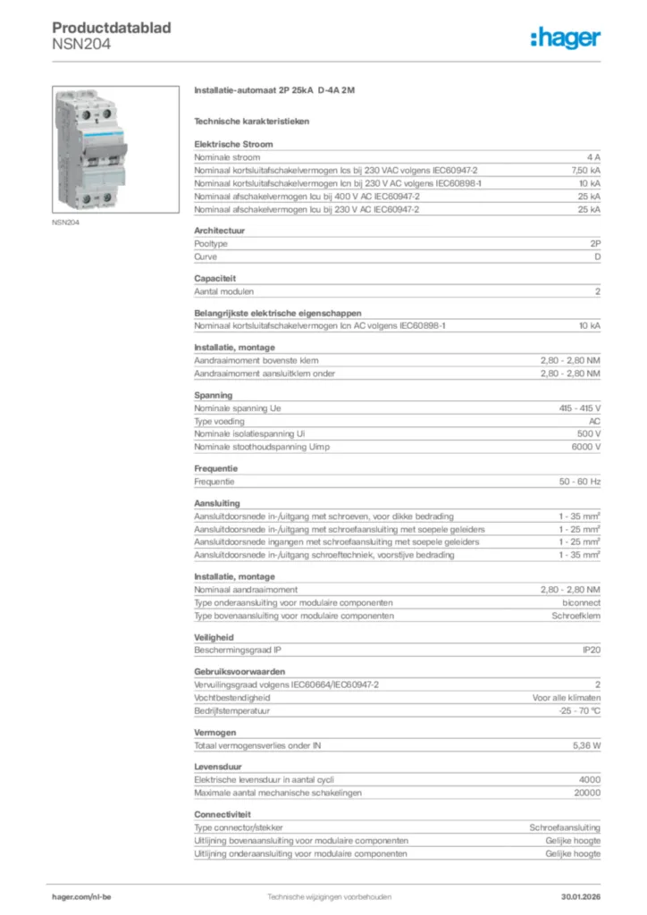 Afbeelding Hager Productdatablad NSN204 | Hager Belgium