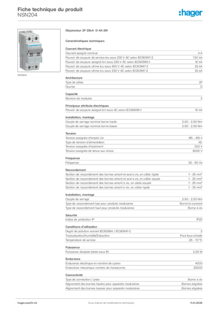 Image Hager Fiche technique du produit NSN204 | Hager Suisse