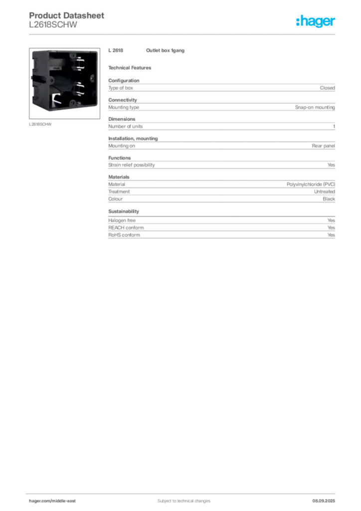 Image Hager Product data sheet L2618SCHW  | Hager