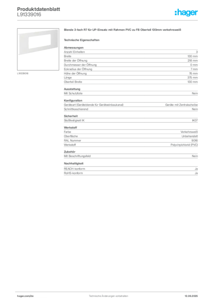Hager Produktdatenblatt L91339016