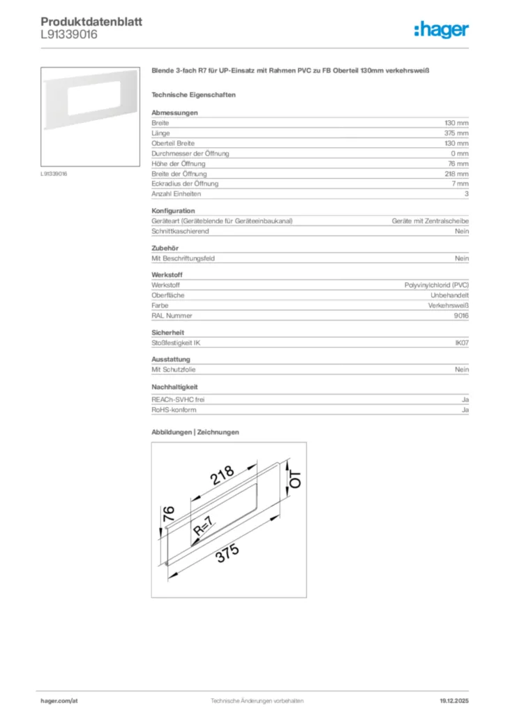 Bild Hager Produktdatenblatt L91339016 | Hager Deutschland