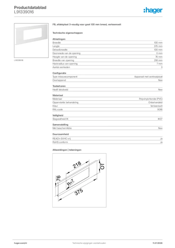 Afbeelding Hager Productdatablad L91339016 | Hager Nederland