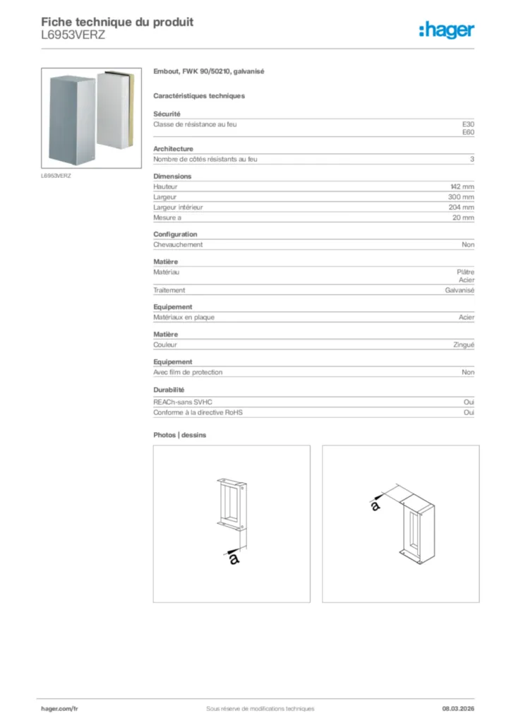Image Hager Fiche technique du produit L6953VERZ | Hager France