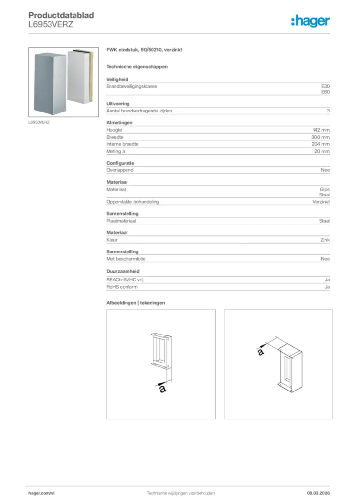 Afbeelding Hager Productdatablad L6953VERZ | Hager Nederland