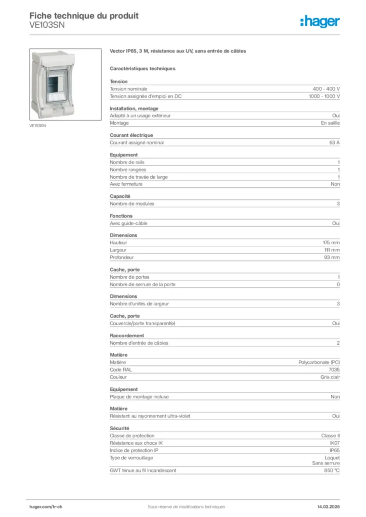 Image Hager Fiche technique du produit VE103SN | Hager Suisse