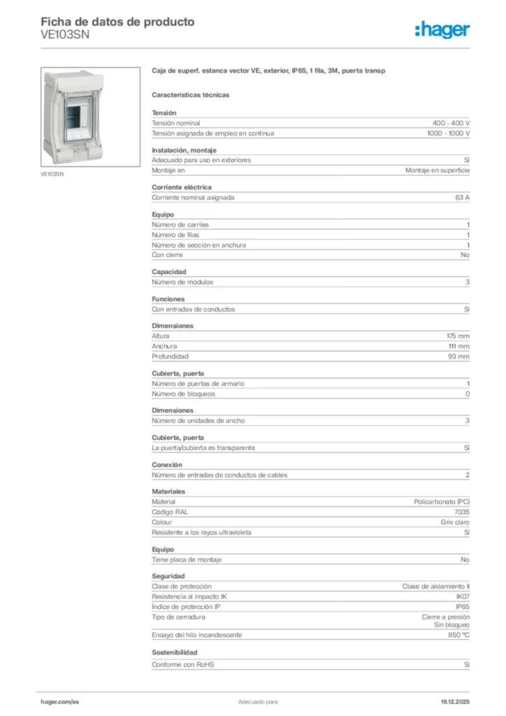 Imagen Hager Ficha de datos de producto VE103SN | Hager España