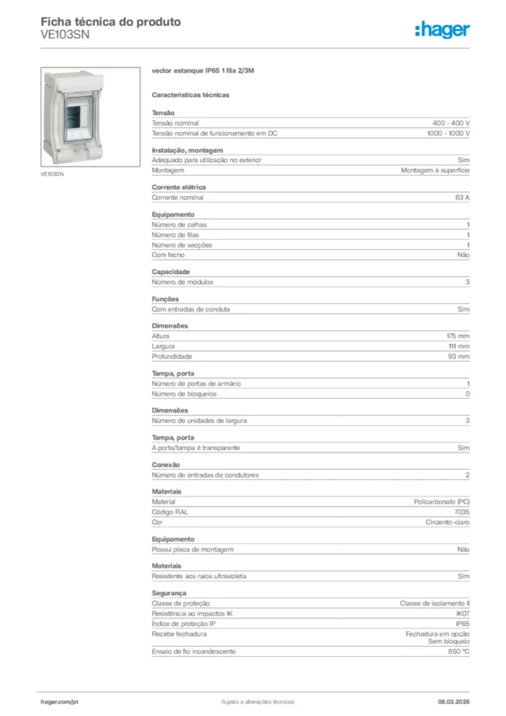 Imagem Hager Ficha técnica do produto VE103SN | Hager Portugal