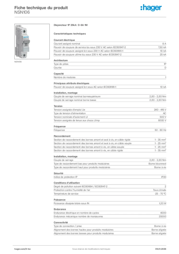 Image Hager Fiche technique du produit NSN106 | Hager Belgique