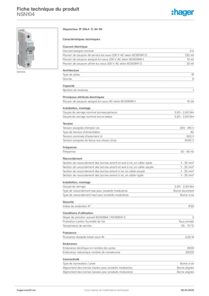 Image Hager Fiche technique du produit NSN104 | Hager Belgique